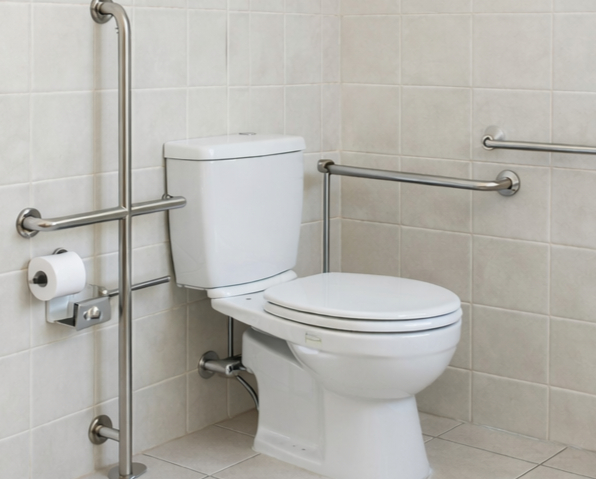 Foldable swing-down support bar beside accessible toilet